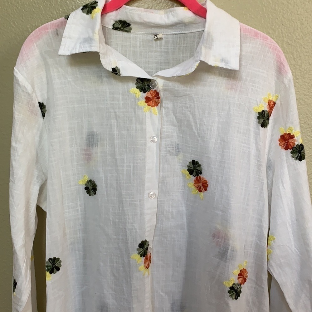 Lagenlook Hemp Blend Floral Embroidered Button Down Top
